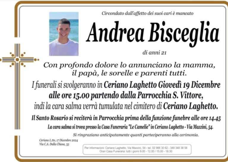 Ceriano Laghetto: oggi ultimo saluto ad Andrea Bisceglie