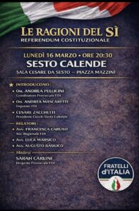 Fratelli d’Italia Sesto Calende lancia “Le ragioni del Sì”