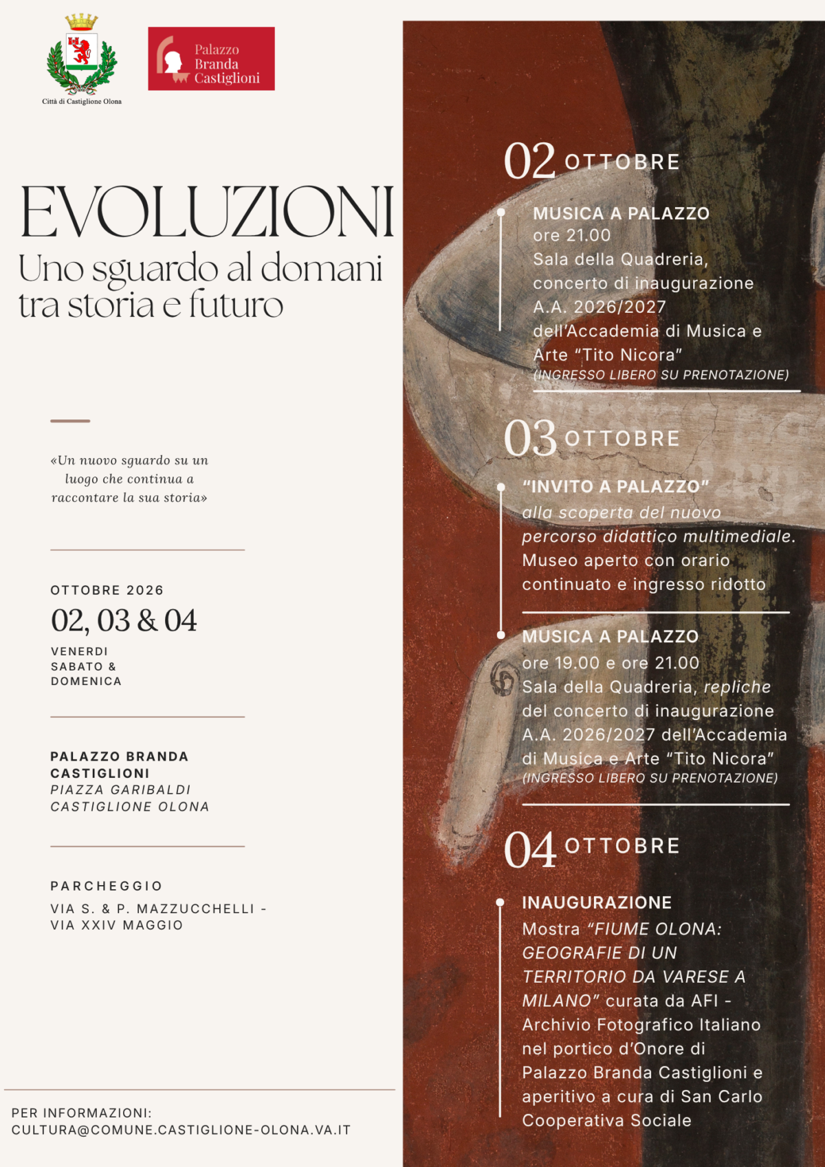 Dal 2 al 4 ottobre 2026 a Castiglione Olona torna Evoluzioni a Palazzo Branda Castiglioni, concerti dei giovani talenti, nuovo museo multimediale e mostra Fiume Olona da Varese a Milano.